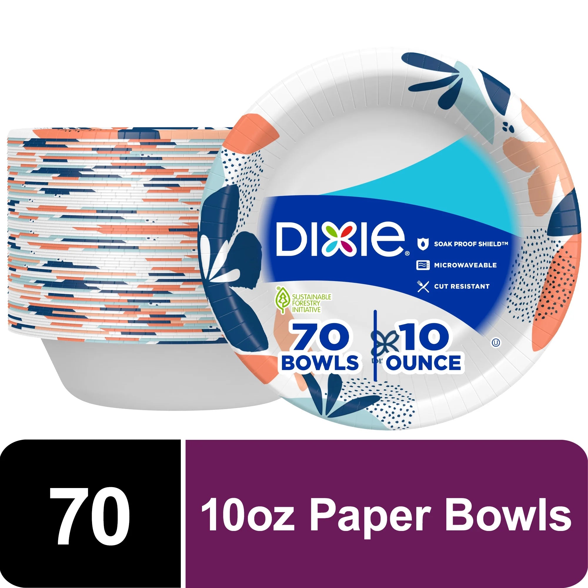 Dixie Everyday Disposable Paper Bowls, 10 oz, Multi-Color, 70 Count