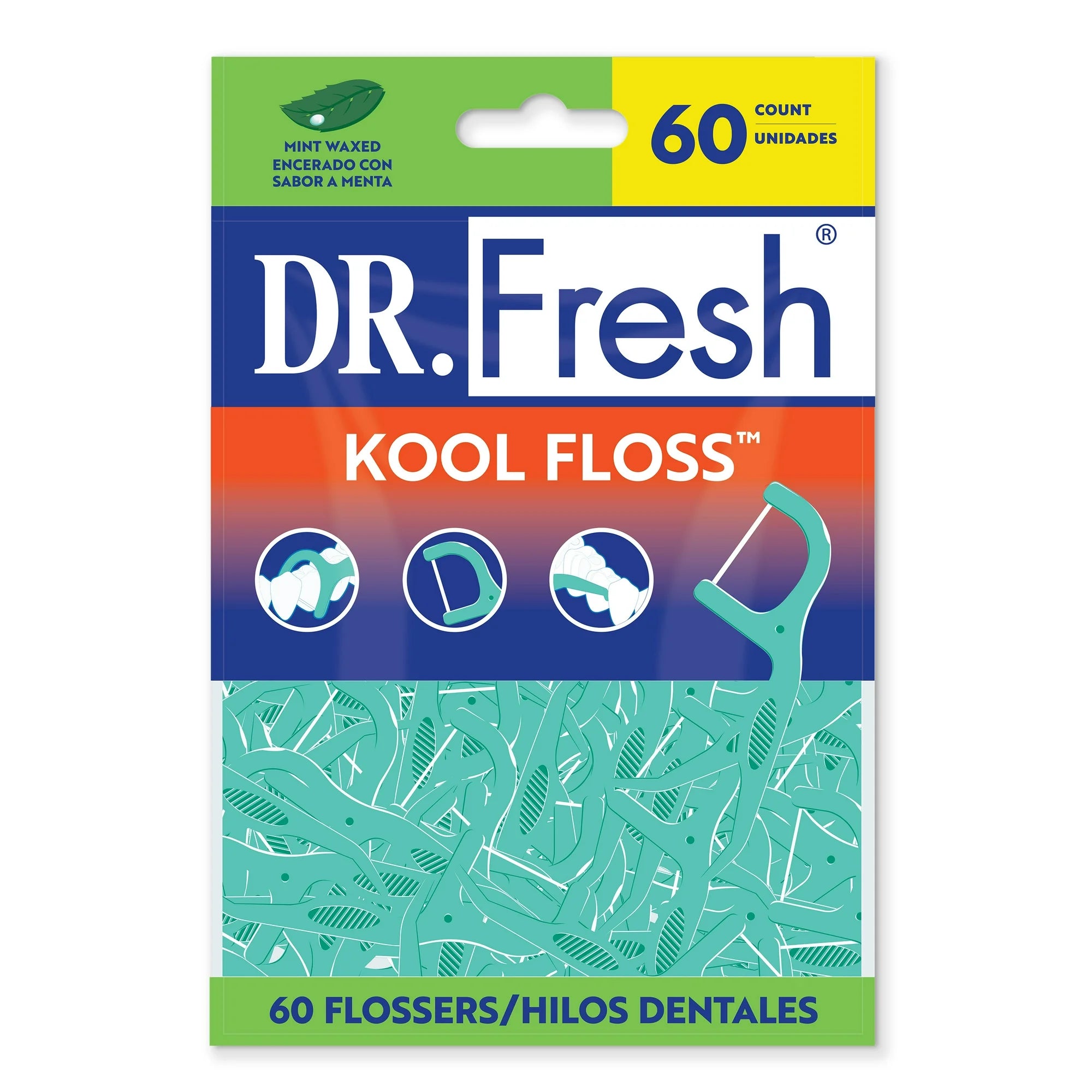 Dr. Fresh Kool Floss Waxed Dental Floss Picks in Easy Resealable Packaging, Mint, 60 Count
