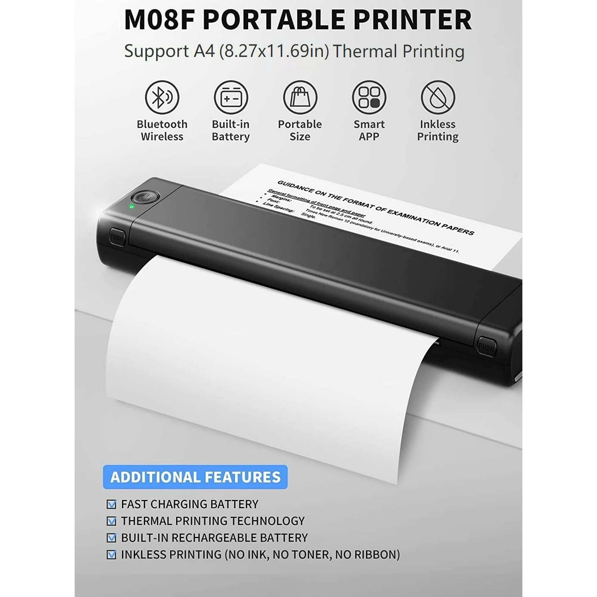 Portable Printer Wireless Thermal Printer for Travel, Support 8.5" X 11" Thermal Paper, Bluetooth Inkless Printer Compatible with Android iOS Phone & Laptop（Black）