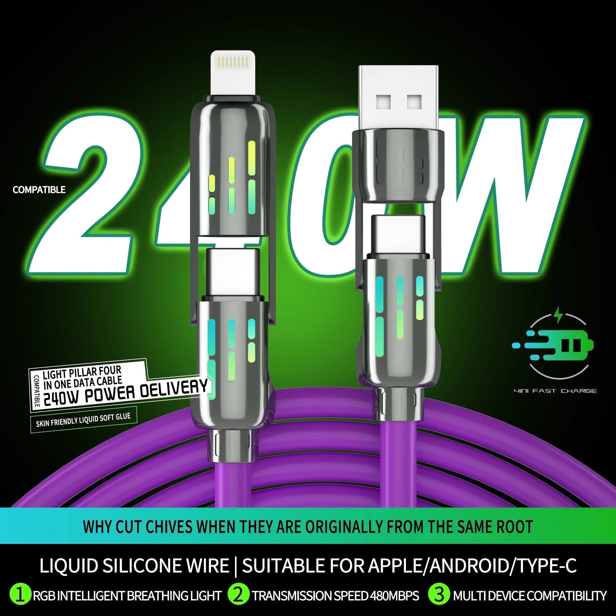 240W 4 in 1 USB Charging Cable, 240w 4-in-1 USB C Cable, 4 in 1 USB 240w Cable, Multi Charger Cable with Breathing Light, 5a Multi Fast Charging & Data Sync Silicone Compatible
